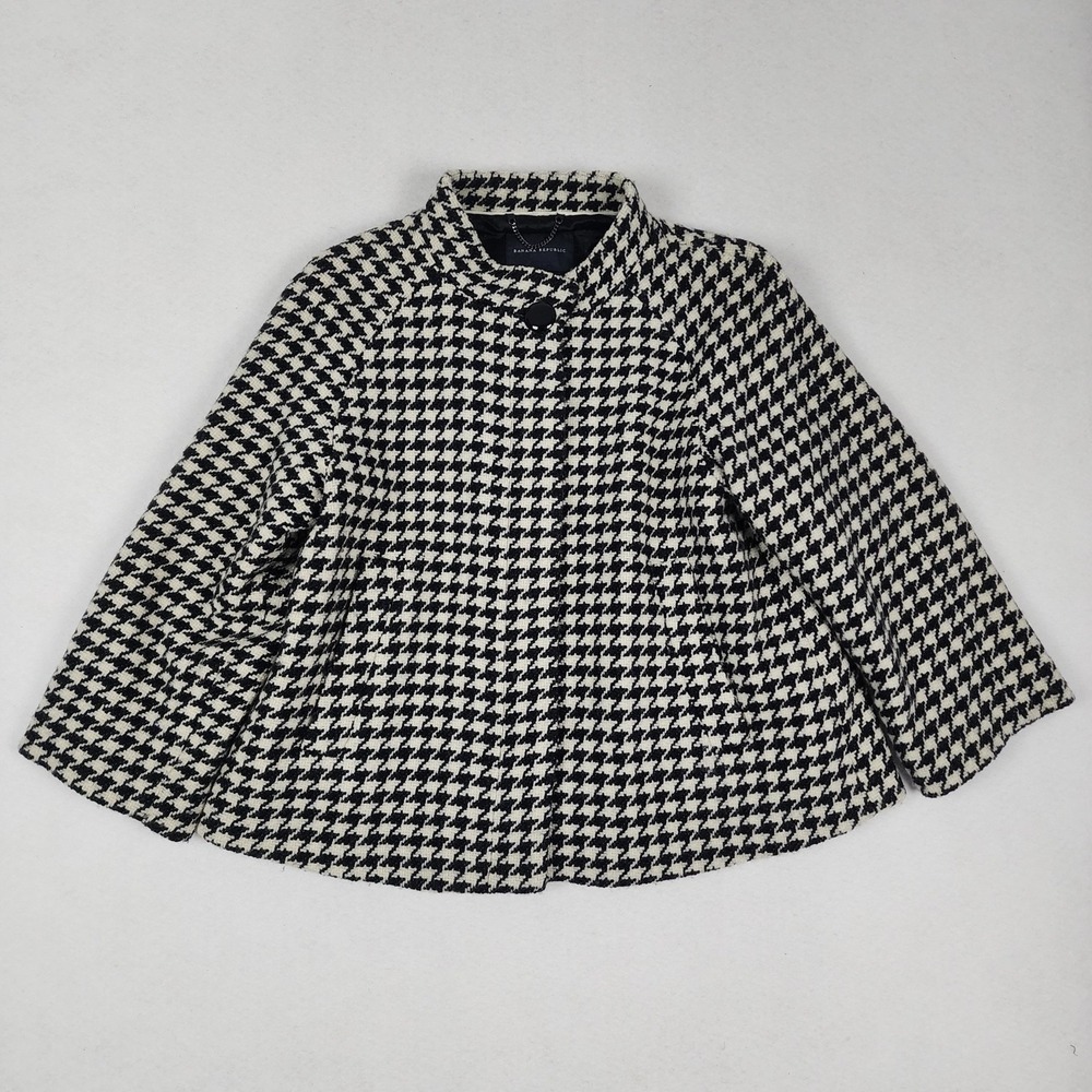 Banana Republic Houndstooth Cape Coat Womens Large Black Off White Short Winter
